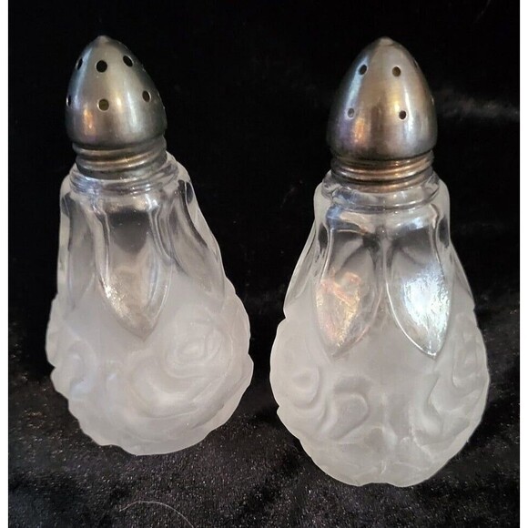 Vintage Clear & Satin Glass Rose Pattern Salt & Pepper W/Sterling Silver Lids - Picture 1 of 3